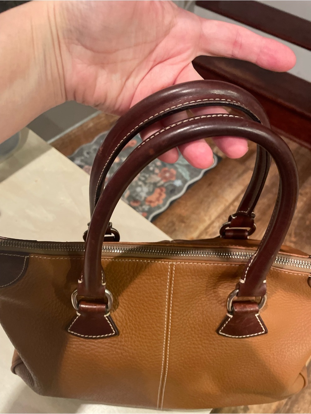 Dooney & Bourke Two-Tone Cognac Brown cobbled leather trimmed in mahogany. - Picture 7 of 9